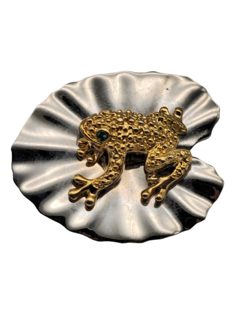 Vintage Frog on Lily Pad Brooch Gold Tone Frog Green Eyes 1970s Pin